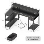 SUPERJARE 47 inch Reversible L Shaped Desk with LED Lights & Power Outlets, Computer Desk with Shelves & Monitor Stand, Gaming Desk with Drawer, Home Office Desk Corner Desk, Black