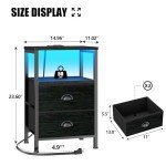 Furologee Nightstands Set of 2, End Tables with Charging Station and LED Lights, Black Night Stands with 2 Fabric Drawers, Bedside Tables Set of 2 for Living Room/Bedroom,Black Oak