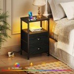 Furologee Nightstands Set of 2, End Tables with Charging Station and LED Lights, Black Night Stands with 2 Fabric Drawers, Bedside Tables Set of 2 for Living Room/Bedroom,Black Oak