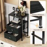 Furologee Nightstands Set of 2, End Tables with Charging Station and LED Lights, Black Night Stands with 2 Fabric Drawers, Bedside Tables Set of 2 for Living Room/Bedroom,Black Oak