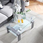 Living Room Rectangle Coffee Table, Tea Table Suitable for Waiting Room, Modern Side Coffee Table with Wooden Leg, Glass Tabletop with Lower Shelf,Grey Marble