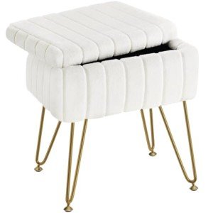 Greenstell Vanity Stool Chair Faux Fur with Storage, 15.7"L x 11.8"W x 19.4"H Soft Ottoman 4 Metal Legs with Anti-Slip Feet, Furry Padded Seat, Modern Multifunctional Chairs for Makeup, Bedroom White