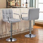 Yaheetech Modern Bar Stools Set of 2 Swivel Kitchen Stool Height Adjustable Square Counter Stool with Back&Armrest PU Leather Stool, Light Grey