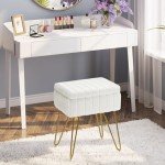 Greenstell Vanity Stool Chair Faux Fur with Storage, 15.7"L x 11.8"W x 19.4"H Soft Ottoman 4 Metal Legs with Anti-Slip Feet, Furry Padded Seat, Modern Multifunctional Chairs for Makeup, Bedroom White