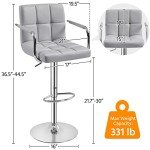 Yaheetech Modern Bar Stools Set of 2 Swivel Kitchen Stool Height Adjustable Square Counter Stool with Back&Armrest PU Leather Stool, Light Grey
