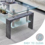 Living Room Rectangle Coffee Table, Tea Table Suitable for Waiting Room, Modern Side Coffee Table with Wooden Leg, Glass Tabletop with Lower Shelf,Grey Marble