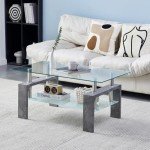 Living Room Rectangle Coffee Table, Tea Table Suitable for Waiting Room, Modern Side Coffee Table with Wooden Leg, Glass Tabletop with Lower Shelf,Grey Marble