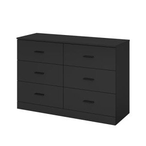 Modern 6 Drawer Dresser for Bedroom, Wood Wide Chest of Drawers Floor Storage Lateral Drawer Cabinet Organizer with Metal Handles for Home Office (Black)