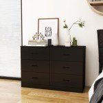 Modern 6 Drawer Dresser for Bedroom, Wood Wide Chest of Drawers Floor Storage Lateral Drawer Cabinet Organizer with Metal Handles for Home Office (Black)