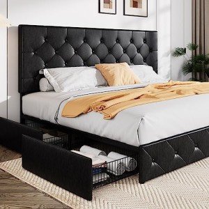 Allewie King Size Black Metal Faux Leather Platform Bed Frame with 4 Drawers
