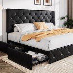 Allewie King Size Black Metal Faux Leather Platform Bed Frame with 4 Drawers