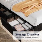 Allewie King Size Black Metal Faux Leather Platform Bed Frame with 4 Drawers