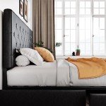 Allewie King Size Black Metal Faux Leather Platform Bed Frame with 4 Drawers