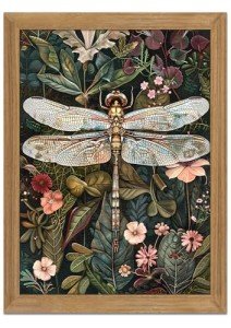 Framed Vintage 3D Textured Wall Art - Dark Green Dragonfly Flowers Wall Decor - Hand Drawn Sandstone Nature Botanical Pictures for Living Room Bedroom Home Decor 16x24in