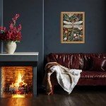 Framed Vintage 3D Textured Wall Art - Dark Green Dragonfly Flowers Wall Decor - Hand Drawn Sandstone Nature Botanical Pictures for Living Room Bedroom Home Decor 16x24in