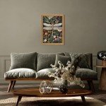 Framed Vintage 3D Textured Wall Art - Dark Green Dragonfly Flowers Wall Decor - Hand Drawn Sandstone Nature Botanical Pictures for Living Room Bedroom Home Decor 16x24in