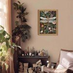 Framed Vintage 3D Textured Wall Art - Dark Green Dragonfly Flowers Wall Decor - Hand Drawn Sandstone Nature Botanical Pictures for Living Room Bedroom Home Decor 16x24in
