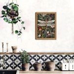 Framed Vintage 3D Textured Wall Art - Dark Green Dragonfly Flowers Wall Decor - Hand Drawn Sandstone Nature Botanical Pictures for Living Room Bedroom Home Decor 16x24in