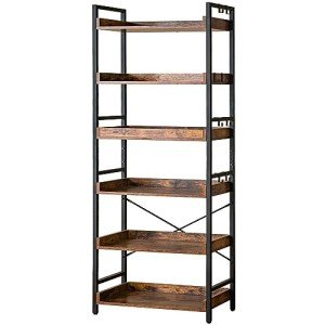 HCHQHS Adjustable 6 Tier Open Bookcase, Rustic Farmhouse Book Shelves, Industrial Wood and Black Metal Bookshelves, Mid Century Bookcase for Home Office Living Room Bedroom