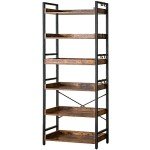 HCHQHS Adjustable 6 Tier Open Bookcase, Rustic Farmhouse Book Shelves, Industrial Wood and Black Metal Bookshelves, Mid Century Bookcase for Home Office Living Room Bedroom