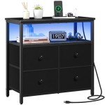 Yoobure Night Stand with Charge Station, Nightstand with 4 Drawers Bedside Table, LED Dresser with Storage Shelf, Night Stands for Bedroom, Side Table 3-Tier Wood End Table for Home, Office Black