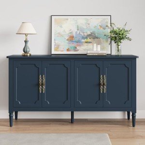 FansaFurn Console Cabinet, 58'' Mid Century Modern Pantry Cabinet, Wood Buffet Cabinet, Media Cabinet with 4 Doors, Accent Cabinet for Entryway, Living Room, Dining Room (Blue)