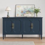 FansaFurn Console Cabinet, 58'' Mid Century Modern Pantry Cabinet, Wood Buffet Cabinet, Media Cabinet with 4 Doors, Accent Cabinet for Entryway, Living Room, Dining Room (Blue)