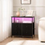 Yoobure Night Stand with Charge Station, Nightstand with 4 Drawers Bedside Table, LED Dresser with Storage Shelf, Night Stands for Bedroom, Side Table 3-Tier Wood End Table for Home, Office Black