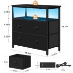 Yoobure Night Stand with Charge Station, Nightstand with 4 Drawers Bedside Table, LED Dresser with Storage Shelf, Night Stands for Bedroom, Side Table 3-Tier Wood End Table for Home, Office Black