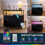 Yoobure Night Stand with Charge Station, Nightstand with 4 Drawers Bedside Table, LED Dresser with Storage Shelf, Night Stands for Bedroom, Side Table 3-Tier Wood End Table for Home, Office Black