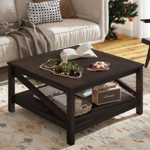 YITAHOME 2-Tier Square Coffee Tables with Storage,Coffee Table for Living Room,Center Table Coffee Table for Home,Wood Living Room Table Industrial Small Farmhouse Cocktail Table, Deep Espresso