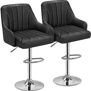 VECELO Bar Stools Set of 2, Adjustable Barstools, Counter Height Stools with Back and Arm, Kitchen Island Stools, Swivel PU Chairs for Pub, Dining Room, Modern Style, Black