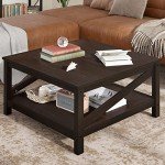 YITAHOME 2-Tier Square Coffee Tables with Storage,Coffee Table for Living Room,Center Table Coffee Table for Home,Wood Living Room Table Industrial Small Farmhouse Cocktail Table, Deep Espresso