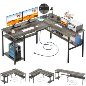 Unikito Reversible L Shaped Desk with Magic Power Outlets and USB Charging Ports, Sturdy Corner Computer Desk with Storage Shelves, Gaming Desk for Home Office, Easy to Assemble, Black Oak