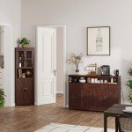 51" Dark Brown Buffet Sideboard Cabinet, Farmhouse Storage Cabinet Kitchen Pantry with Shelf and Drawers, Wood Cupboard Hutch Cabinet, Coffee Bar Station Table for Kitchen, Living Room, Dining Room