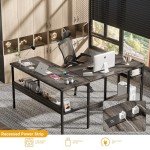 Unikito Reversible L Shaped Desk with Magic Power Outlets and USB Charging Ports, Sturdy Corner Computer Desk with Storage Shelves, Gaming Desk for Home Office, Easy to Assemble, Black Oak