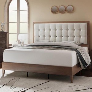 Jocisland Wood Platform Bed Frame Queen Size Upholstered Tufted Headboard/Solid Wood Be No Box Spring Needed,Walnut
