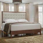 Jocisland Wood Platform Bed Frame Queen Size Upholstered Tufted Headboard/Solid Wood Be No Box Spring Needed,Walnut