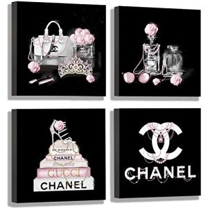 Meetdeceny Black And White Wall Art/Pink Book Pictures Room Decor for Teen Girls/Women Handbag Perfume Wall Decor for Living Room/Fashion Canvas Artwork Size 10"x 10"x 4 Pieces