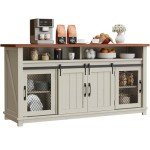 DWVO 63" Farmhouse Buffet Cabinet with Storage, Large Coffee Bar Cabinet with 2 Sliding Barn Doors & 2 Visual Grid Doors, Kitchen Sideboard Storage Cabinet for Living Room, White
