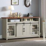 DWVO 63" Farmhouse Buffet Cabinet with Storage, Large Coffee Bar Cabinet with 2 Sliding Barn Doors & 2 Visual Grid Doors, Kitchen Sideboard Storage Cabinet for Living Room, White