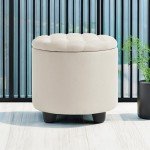 Furniliving Modern Round Storage Ottoman,Button Tufted Ottoman Foot Stools Ottoman Footstool with Removable Lid Storage Ottoman for Living Room, Bedroom, Makeup Room，Beige