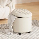Furniliving Modern Round Storage Ottoman,Button Tufted Ottoman Foot Stools Ottoman Footstool with Removable Lid Storage Ottoman for Living Room, Bedroom, Makeup Room，Beige