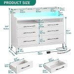 YITAHOME 6 Drawer Dressers & Chests of Drawers with LED Light, Modern Dresser with Open Shelf Storage, White