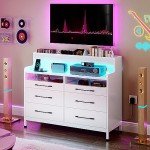 YITAHOME 6 Drawer Dressers & Chests of Drawers with LED Light, Modern Dresser with Open Shelf Storage, White