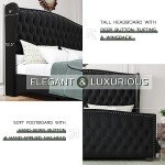 LUXOAK King Platform Bed Frame with Wingback Headboard, Velvet Upholstered Bed Frame with Handmade Button Tufted & Nailhead, Wooden Slats Support, Black