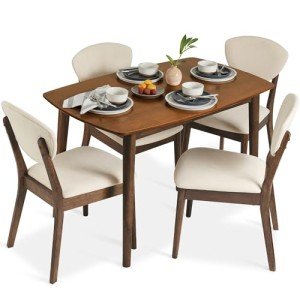Best Choice Products 5-Piece Dining Set, Compact Mid-Century Modern Table & Chair Set for Home, Apartment w/ 4 Chairs, Padded Seats & Backrests, Wooden Frame - Walnut/Cream