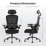 Sweetcrispy Ergonomic Mesh Office Chair, High Back with 2D Headrest, Up&Down Lumbar Support, Swivel Computer Task Desk Chairs with Adjustable Flip-up Armrests, Black