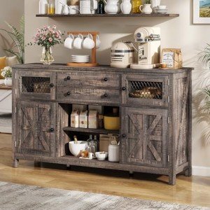 YITAHOME 59" Sideboard, Farmhouse Buffet with Storage, Kitchen Cabinet with 2 Large Drawers & Visual Grid Door, Coffee Bar Cabinet with Barn Door for Living Room, Dark Rustic Oak