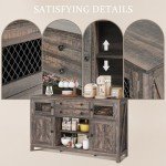 YITAHOME 59" Sideboard, Farmhouse Buffet with Storage, Kitchen Cabinet with 2 Large Drawers & Visual Grid Door, Coffee Bar Cabinet with Barn Door for Living Room, Dark Rustic Oak
